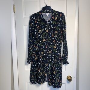 J Jill Women’s Dark Navy Floral Long-sleeve Shirt Dress